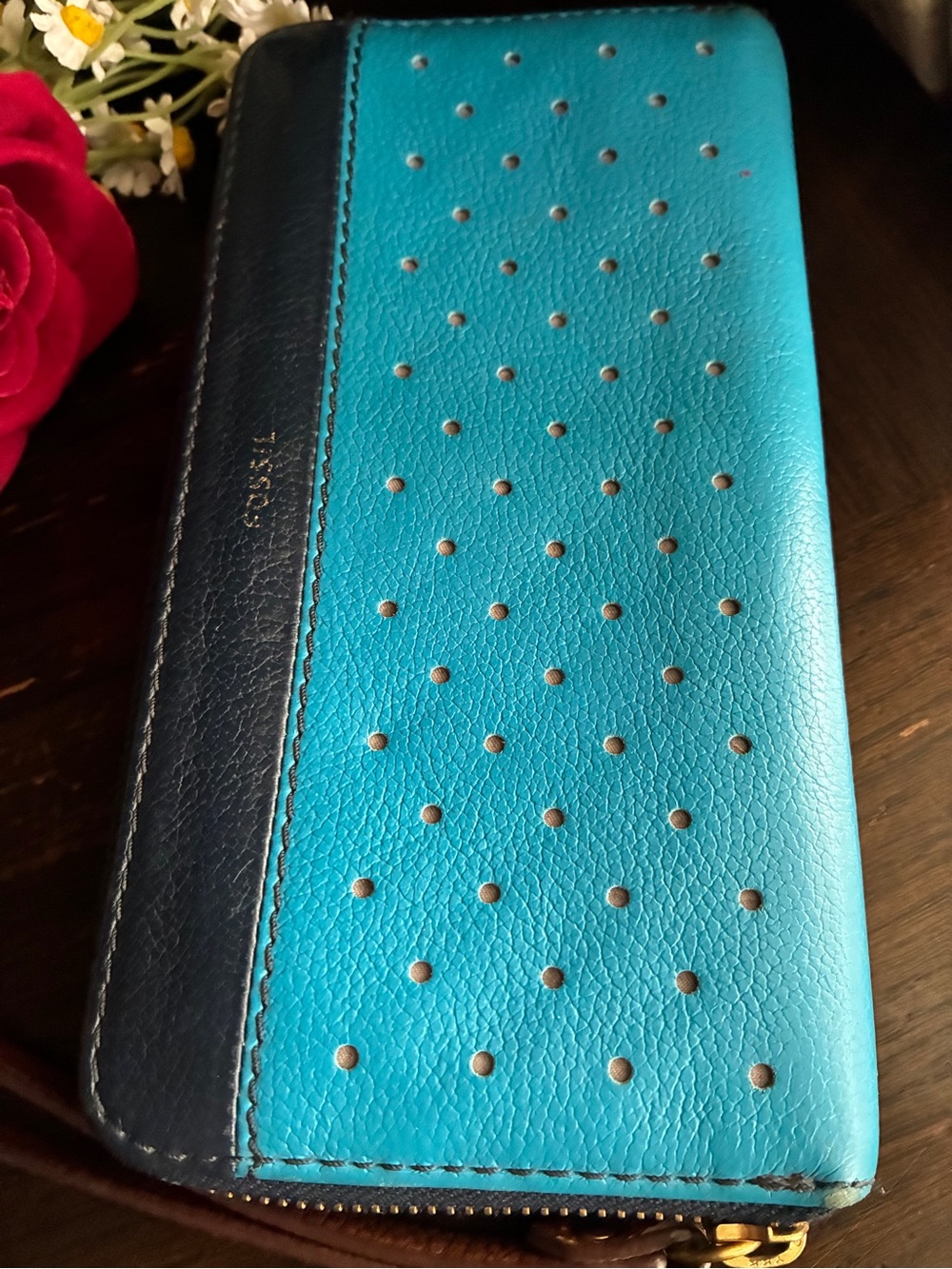 Fossil Teal and Navy Perforated Zip-Around Wallet
